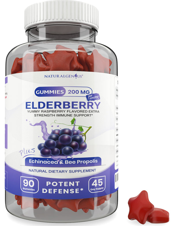 Black Elderberry Gummies with Vitamin C, Echinacea and Bee Propolis - True 45-Day Supply/Bottle