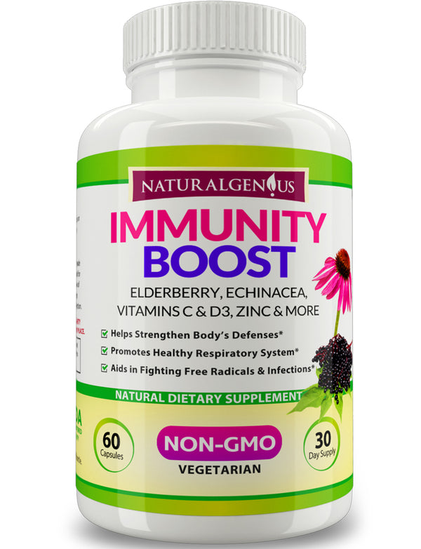 Immunity Boost Capsules with Elderberry, Echinacea, Vitamin C, D3, Zinc, Mg and Cordyceps - Non-GMO Daily Support for Kids and Adults